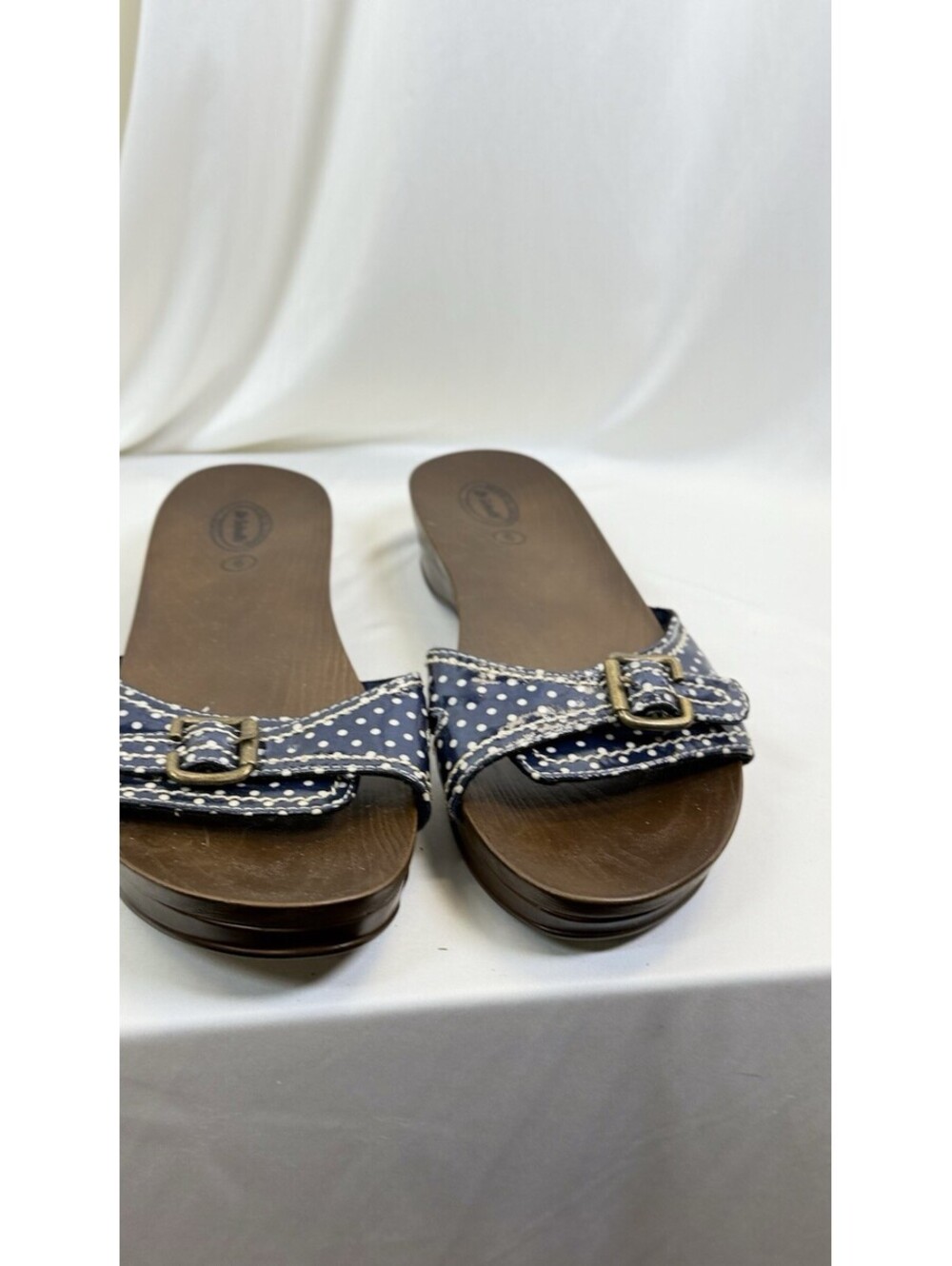DR SCHOLLS Navy Blue Polka Dot Clogs Sandals Open Toe Slides Flats Size 9 Fun